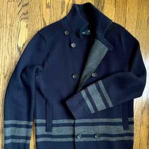 Vince Double Breasted Navy Blue Sweater Jacket with Grey Stripes